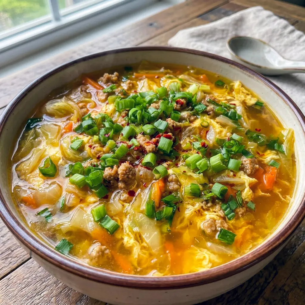 A warm serving of One-Pot Egg Roll Soup with Green Onions and Ginger that works beautifully for Comfort Meals When Sick.
