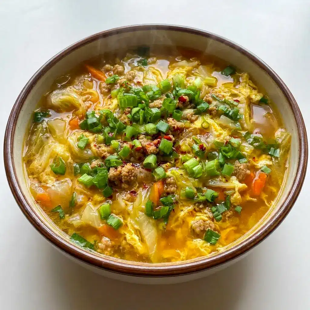 A flavorful bowl of One-Pot Egg Roll Soup with Green Onions and Ginger for cozy One Pot Soups And Stews lovers.