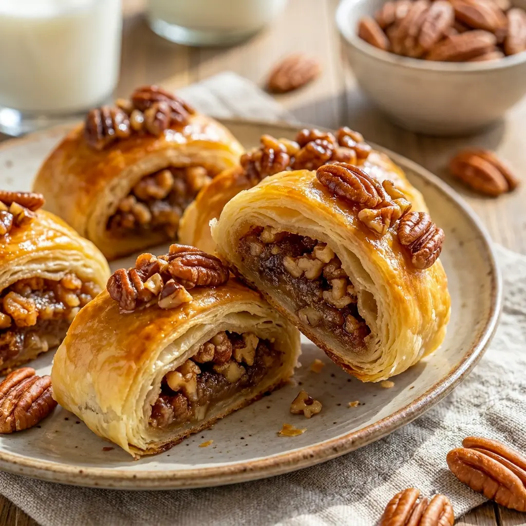 Rustic tray of Pecan Pie Crescent Rolls fresh from the oven, a cozy Crescent Recipes idea for holidays.