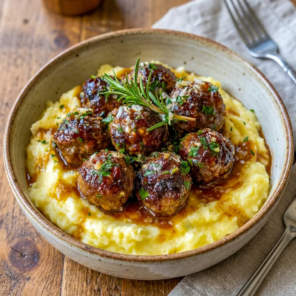 Close-up of Salisbury Steak Meatballs served as a hearty Ground Beef Idea with rich sauce and herbs.