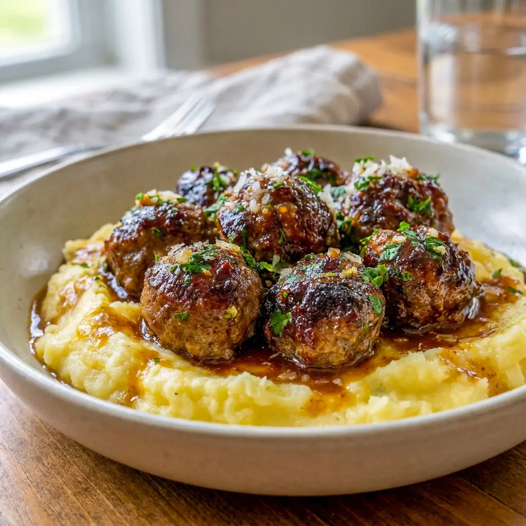 A comforting dinner bowl of Salisbury Steak Meatballs that fits classic Man Dinner Recipes perfectly.