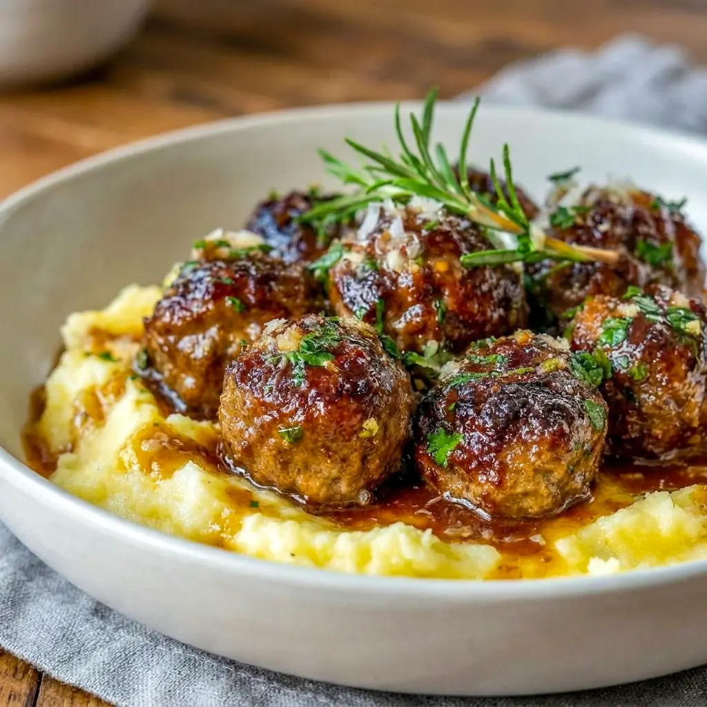 A warm serving of Salisbury Steak Meatballs and mashed potatoes, one of the best Meal Ideas With Mashed Potatoes.