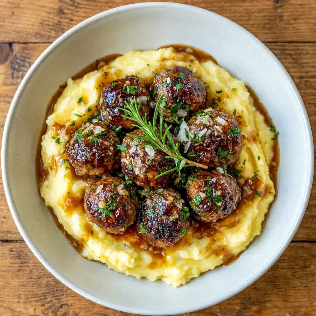 A cozy plate of Salisbury Steak Meatballs with gravy and Comfort Fall Food Dinners vibes over creamy mashed potatoes.