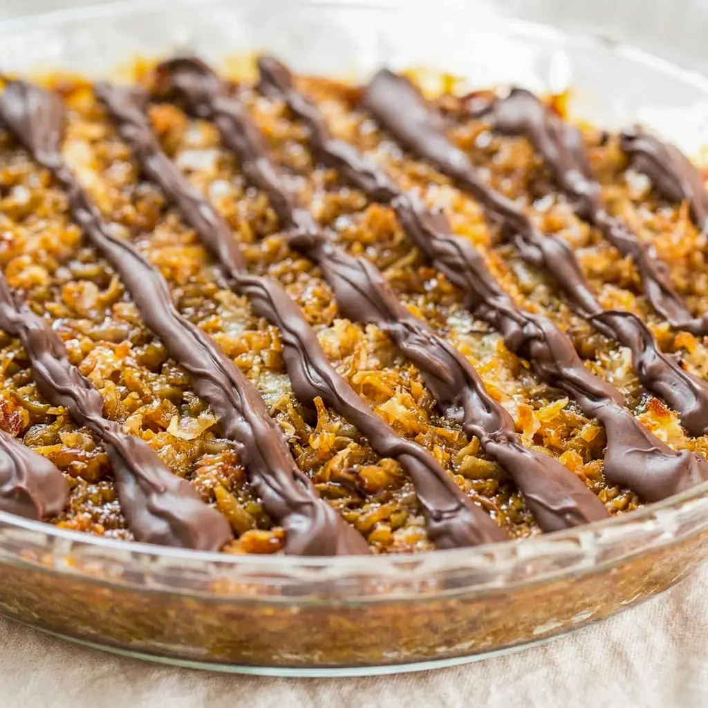 Freshly baked Samoas Pie with a rich cookie base, perfect for Cool Baking Recipes Desserts inspiration.