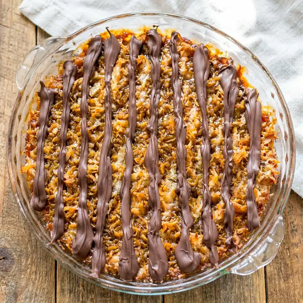 A decadent Samoas Pie showing off caramel, chocolate, and coconut layers in one of those Uncommon Pies.