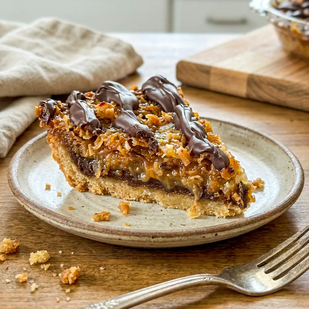 A travel-friendly Samoas Pie slice with chocolate and caramel, ideal as an Easy Dessert That Travels Well.