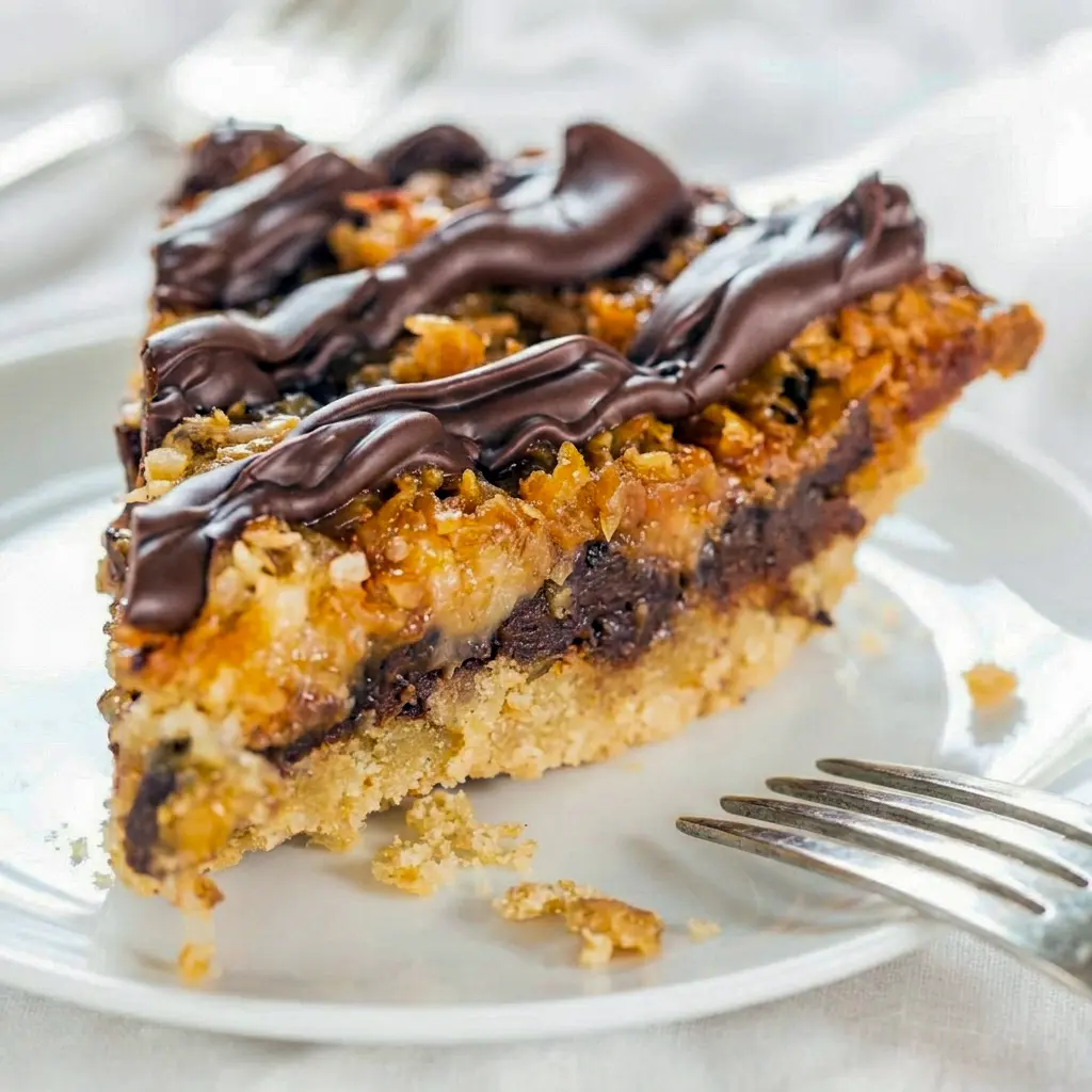 A gooey slice of Samoas Pie with chocolate drizzle, caramel, and coconut for Super Sweet Desserts lovers.