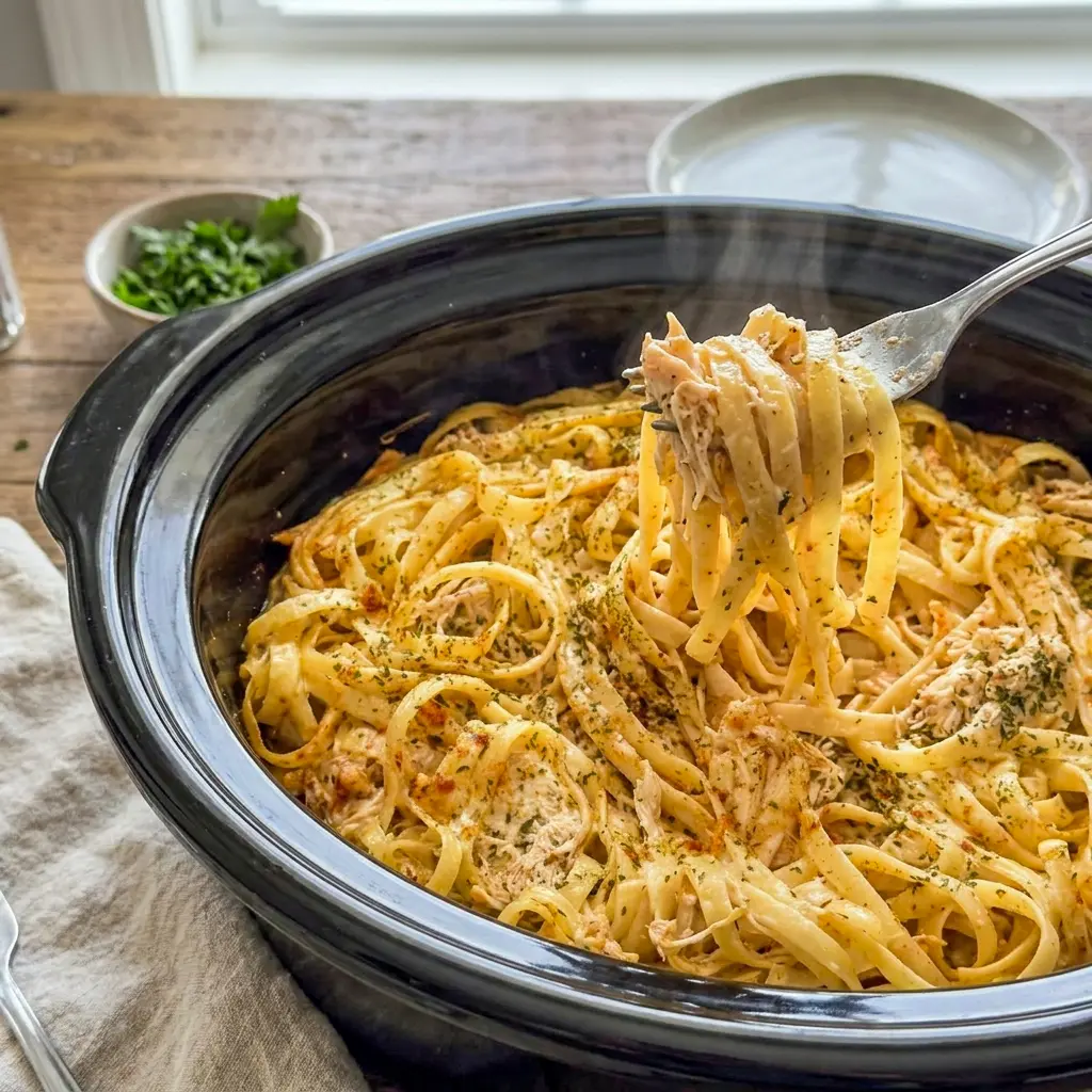 A rich bowl of Cajun Chicken Alfredo served as one of the easiest Crockpot Fettucini Alfredo Chicken Easy Recipes for dinner.