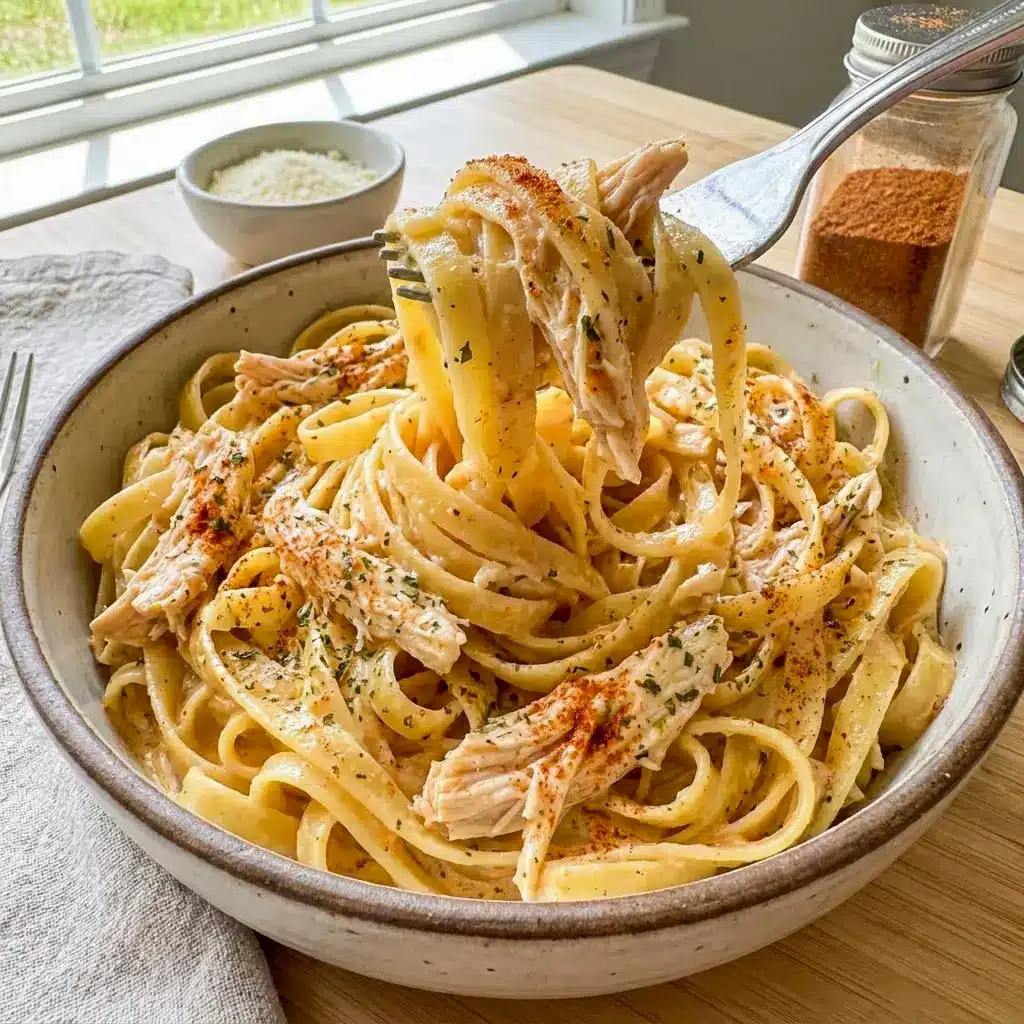 Creamy Cajun Chicken Alfredo topped with Parmesan and herbs, featuring a cozy Crockpot Cajun Pasta Recipes vibe.