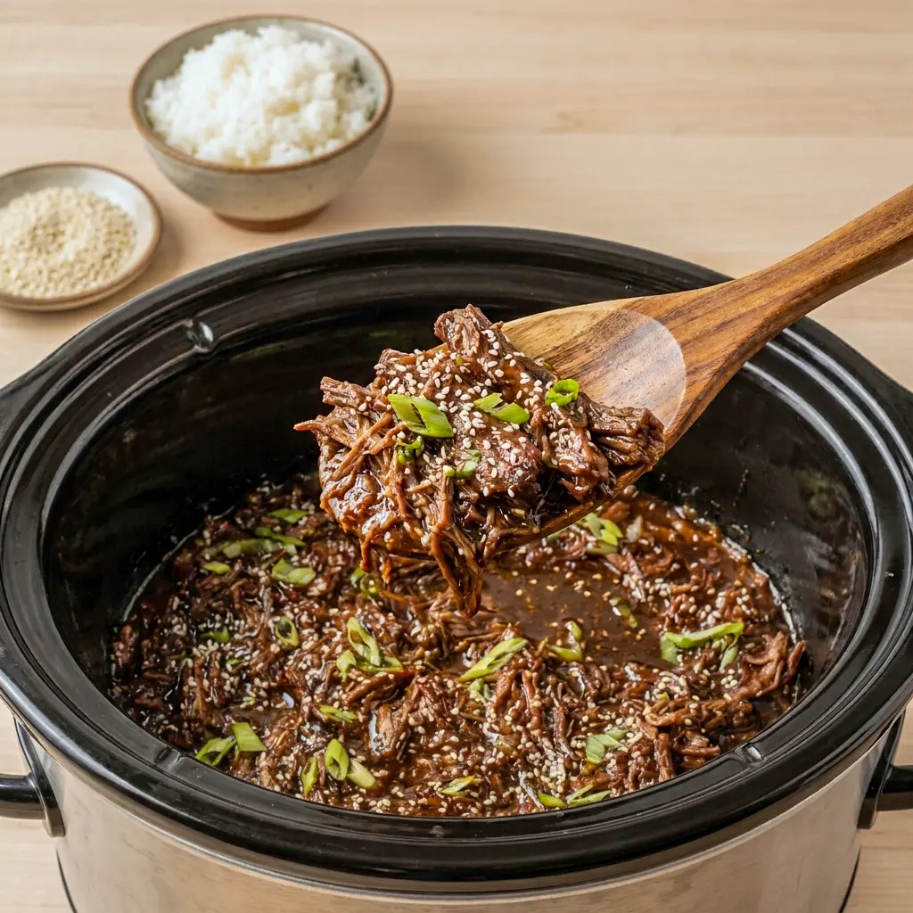 Slow Cooker Korean Beef paired with steamed vegetables, a great match for Healthy Veggie Crockpot Recipes and balanced family meals.