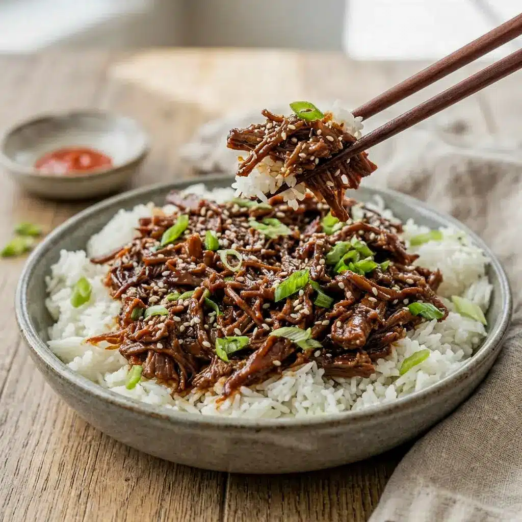 Slow Cooker Korean Beef served over fluffy rice with a glossy sauce, making it the perfect Over Rice Meals idea for an easy dinner.