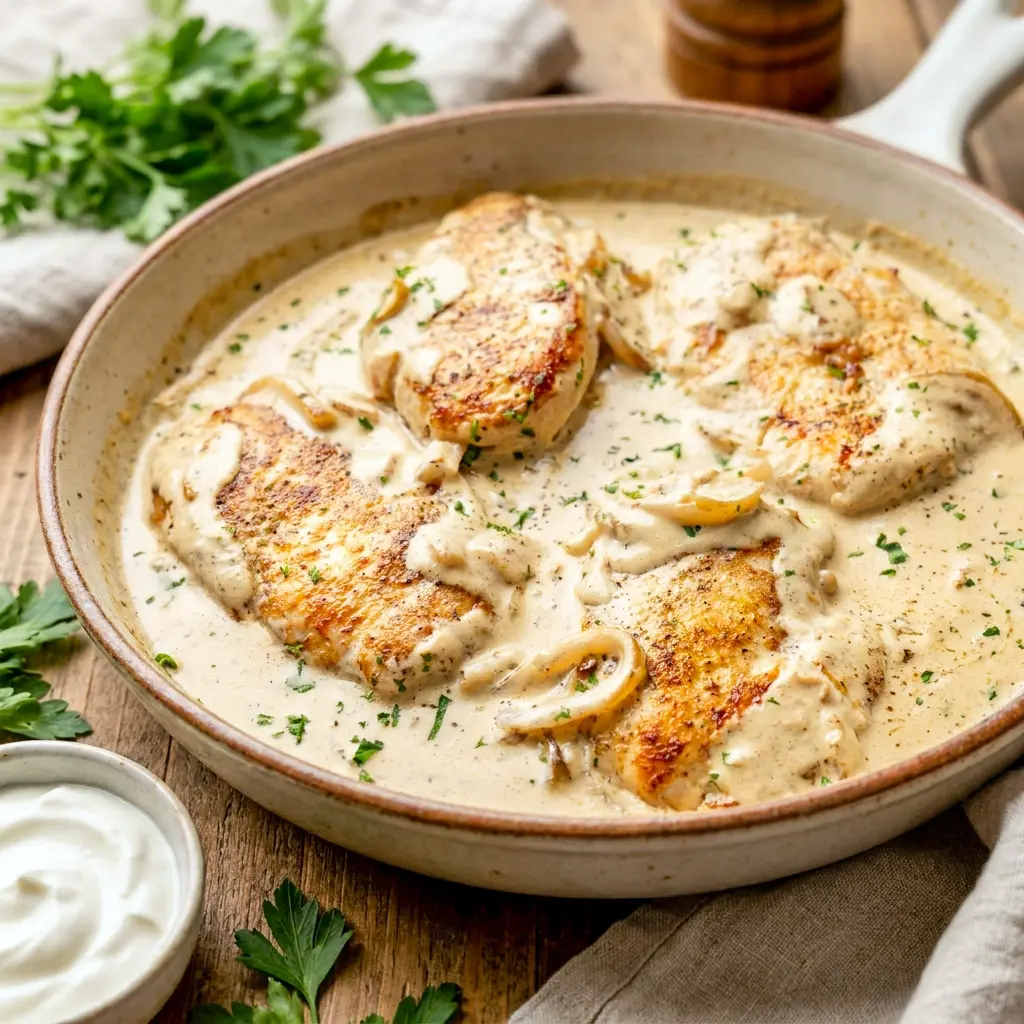 Sour Cream and Onion Chicken in a rich pan sauce, perfect for Low Carb Chicken lovers.