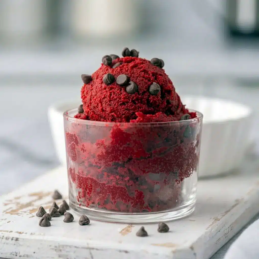 Edible Red Velvet Cookie Dough served in a small dessert cup with chocolate chips, perfect for Snack Dessert Recipes and sweet late-night cravings.