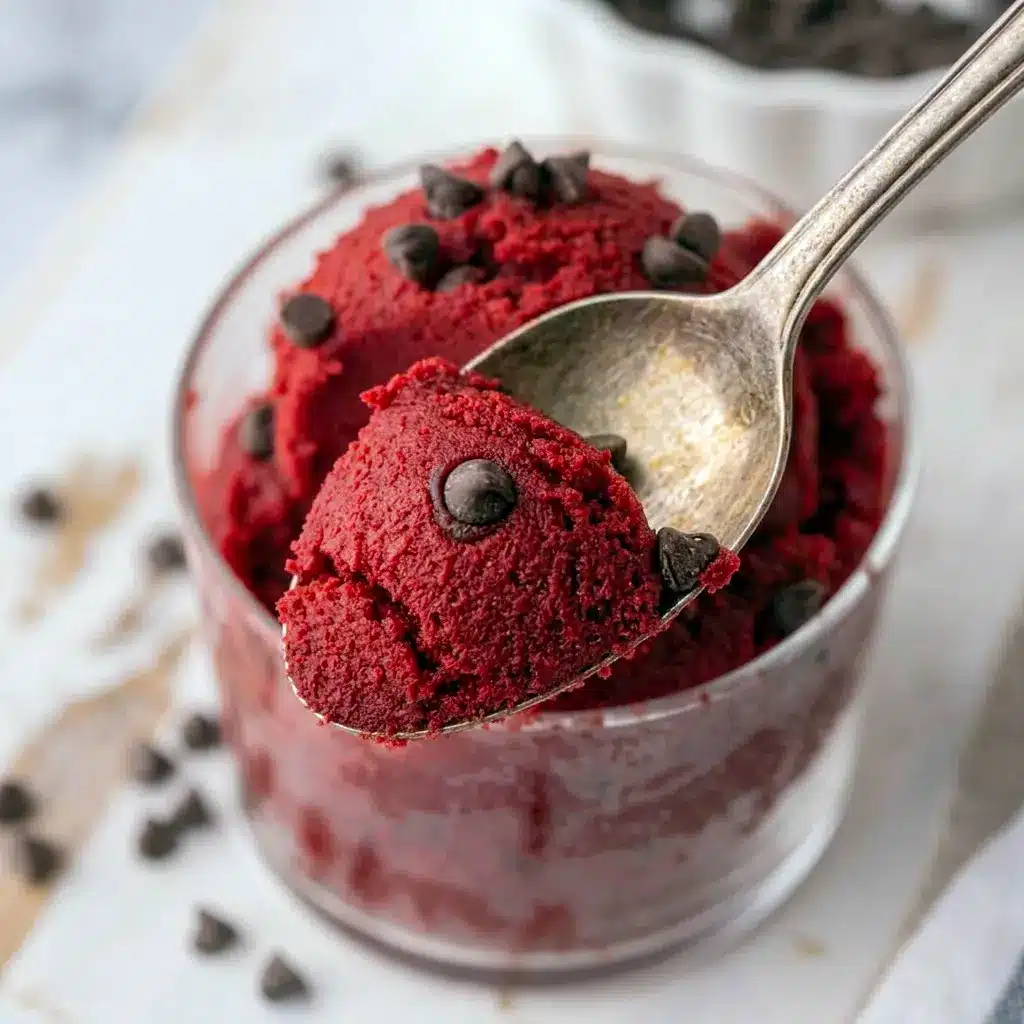 Creamy Edible Red Velvet Cookie Dough in a bowl with a rich red hue, an ideal pick for Easy Beginner Desserts that look extra pretty.