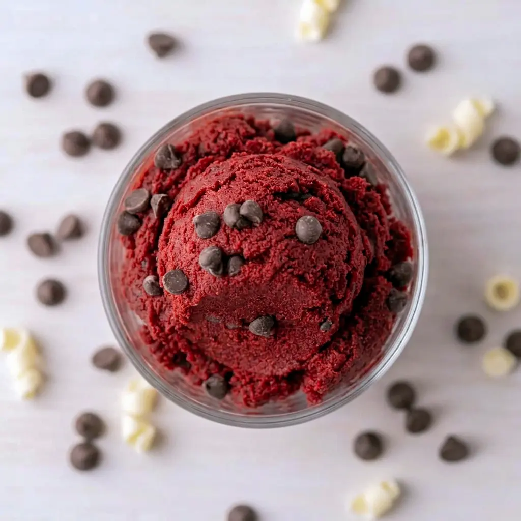 A spoonful of Edible Red Velvet Cookie Dough topped with chocolate chips, styled like a Healthy Sweet Treat Recipe for a fun dessert moment.