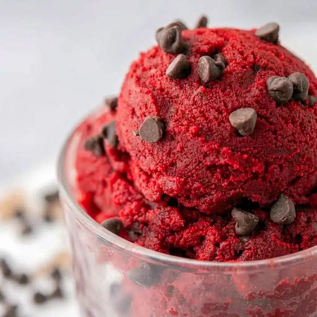 Edible Red Velvet Cookie Dough with a soft, scoopable texture, shown as Something Easy To Make for quick sweet snacking.