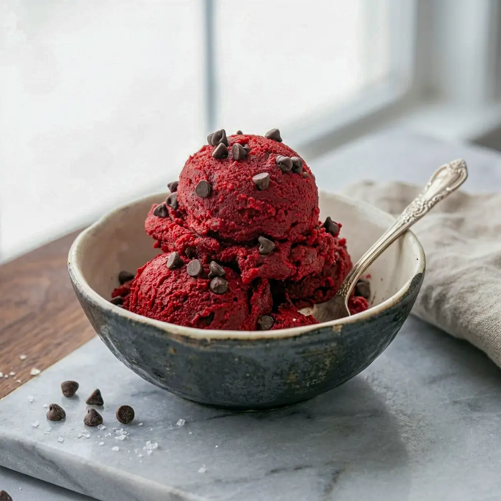 A bowl of Edible Red Velvet Cookie Dough with mini chips and a spoon, styled as one of the easiest Easy And Quick Desserts No Bake.