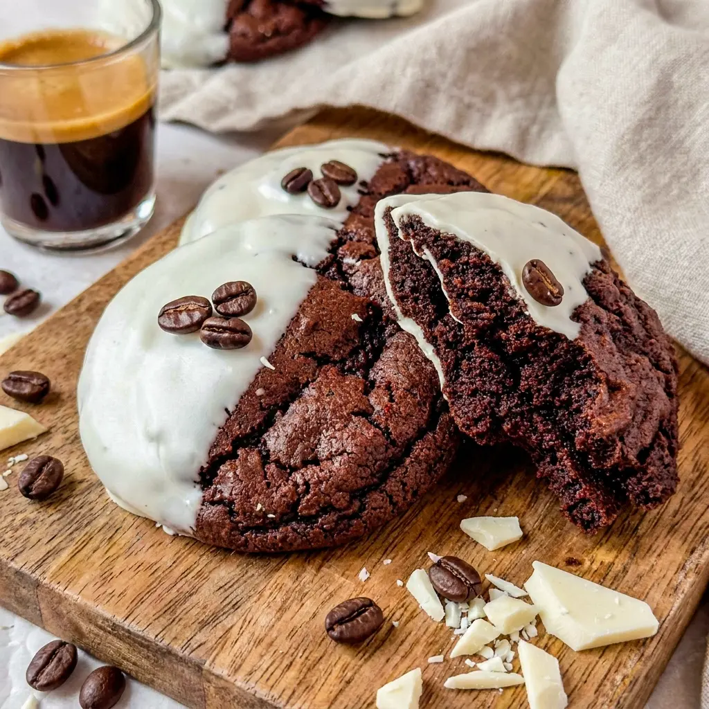 A close-up of Espresso Martini Cookies dipped in white chocolate, perfect for Cookies Made With Coffee and elegant holiday treats.