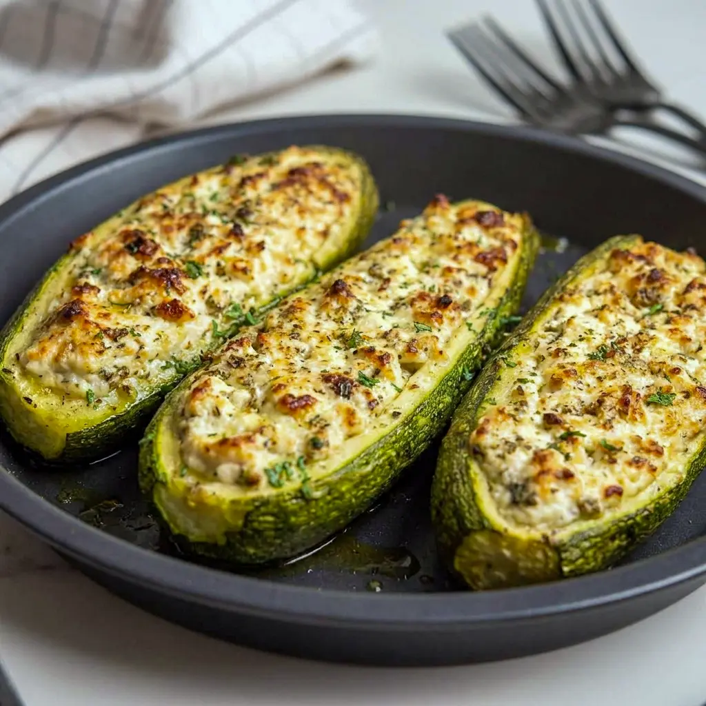 Close-up of Feta Cheese Stuffed Zucchini Boats with creamy filling and golden edges, inspired by Greek Recipes and easy weeknight cooking.