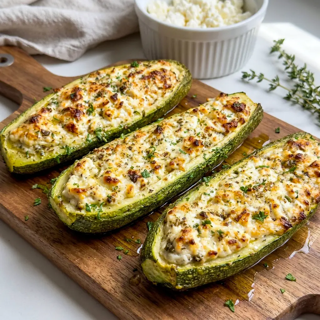 Freshly baked Feta Cheese Stuffed Zucchini Boats served as one of the best Mediterranean Recipes for a simple vegetarian meal.