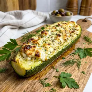 A plated serving of Feta Cheese Stuffed Zucchini Boats with fresh herbs, styled as Zucchini Recipes for a light Mediterranean dinner.