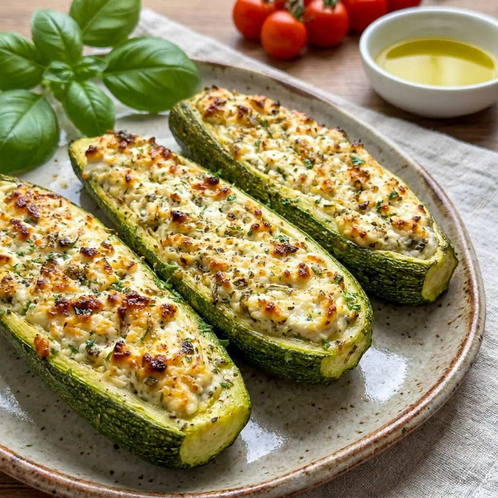 A healthy dinner plate of Feta Cheese Stuffed Zucchini Boats with parsley and lemon, perfect for Vegetarian Dishes and fresh flavor.