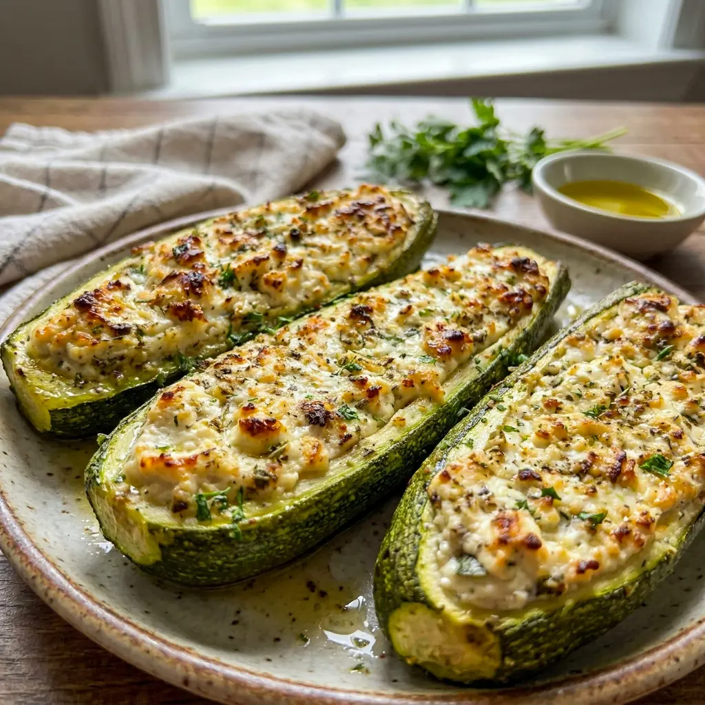 Golden Feta Cheese Stuffed Zucchini Boats on a serving dish, making a beautiful choice for Whole Food Recipes and easy veggie dinners.