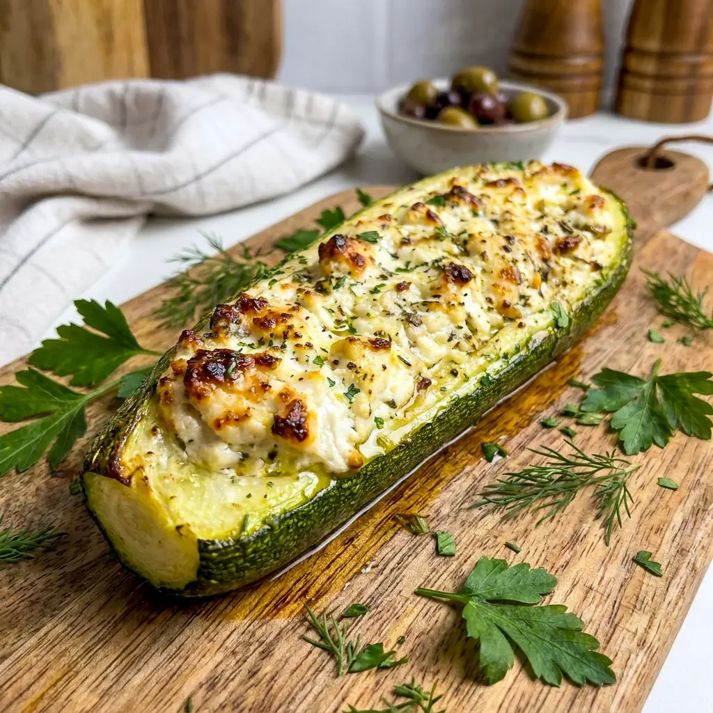 A plated serving of Feta Cheese Stuffed Zucchini Boats with fresh herbs, styled as Zucchini Recipes for a light Mediterranean dinner.