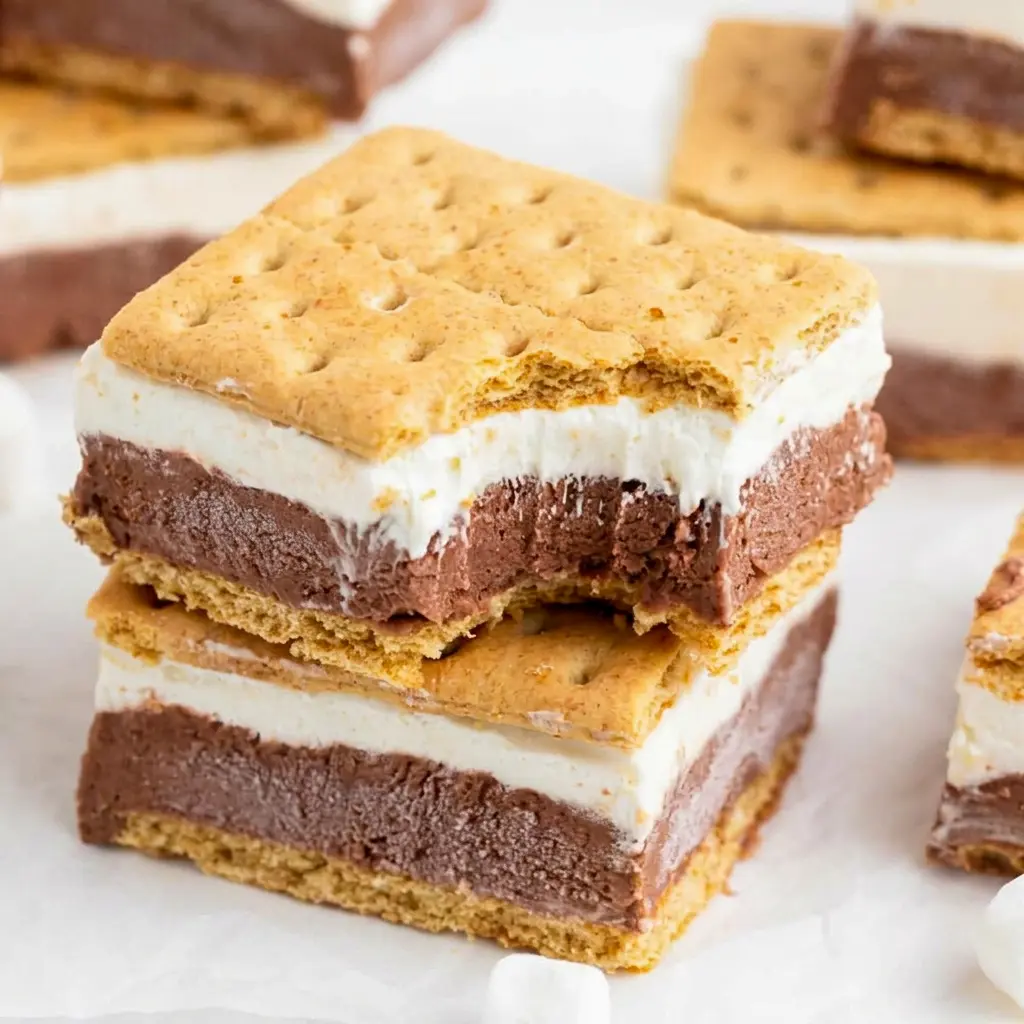 Frozen S’mores sliced into clean squares, one of the best Simple Frozen Desserts for a no-bake summer party.