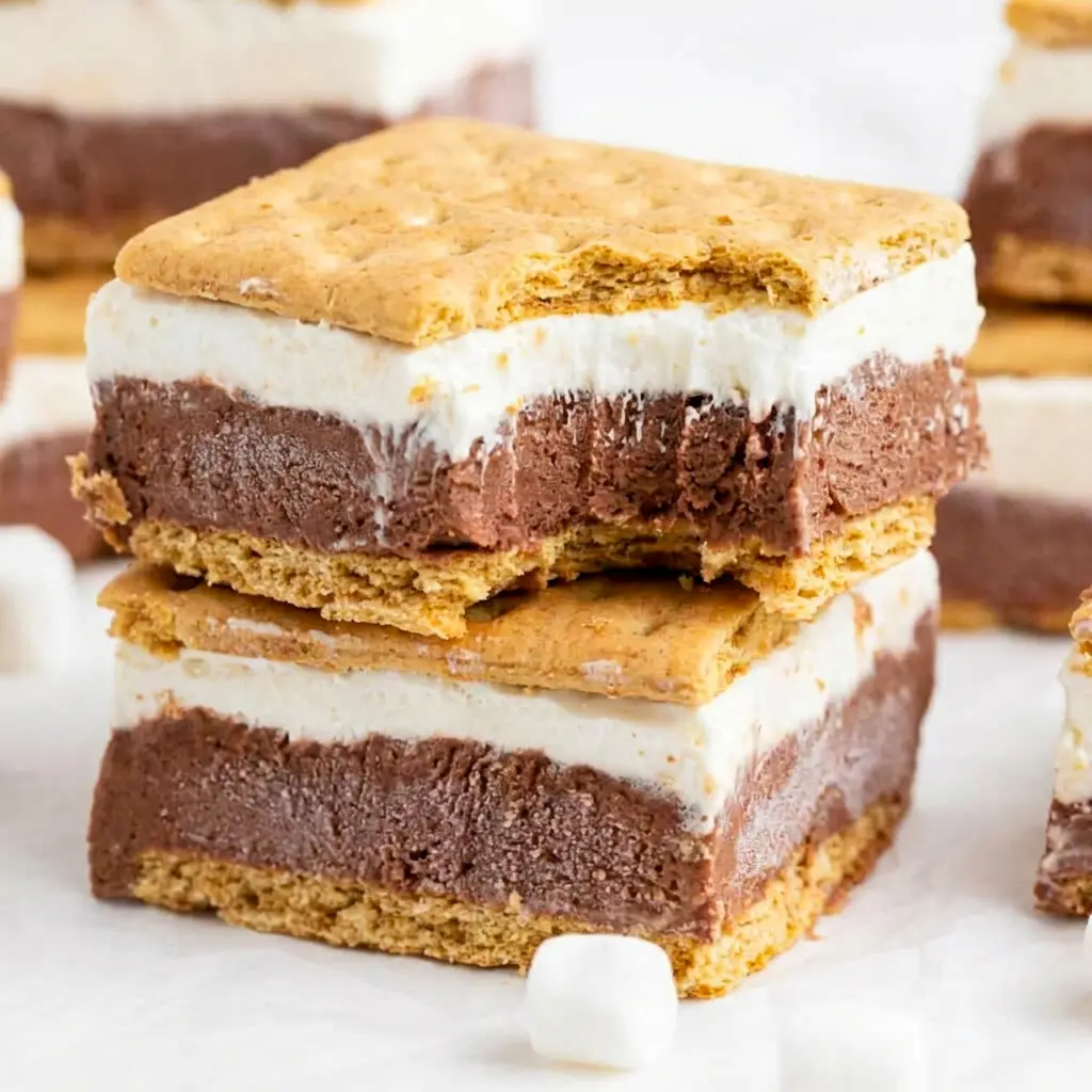 Frozen S’mores dessert bars served on a tray, a fun and nostalgic Easy Homemade S'mores idea for the freezer.