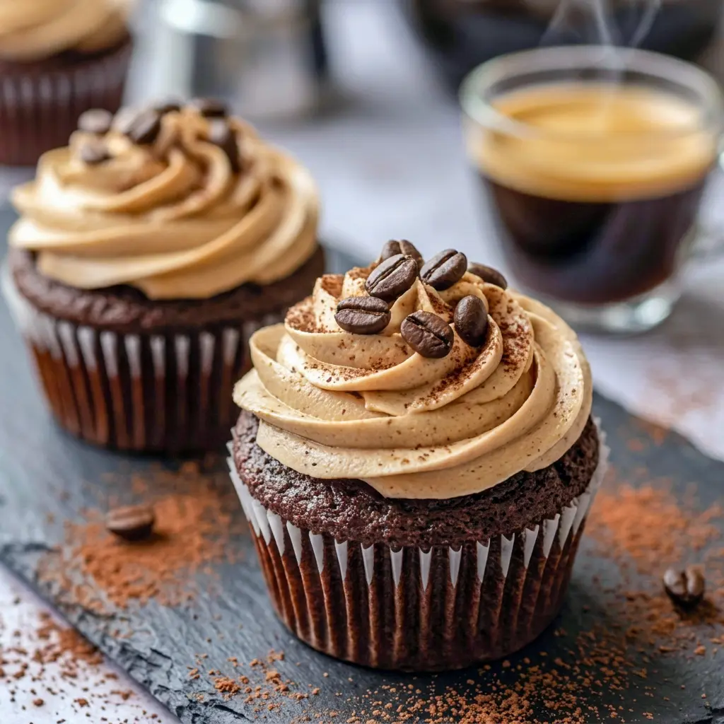 A rich dessert spread featuring Espresso Brownie Cupcakes with swirls of frosting, ideal for Desserts With Buttercream Frosting.