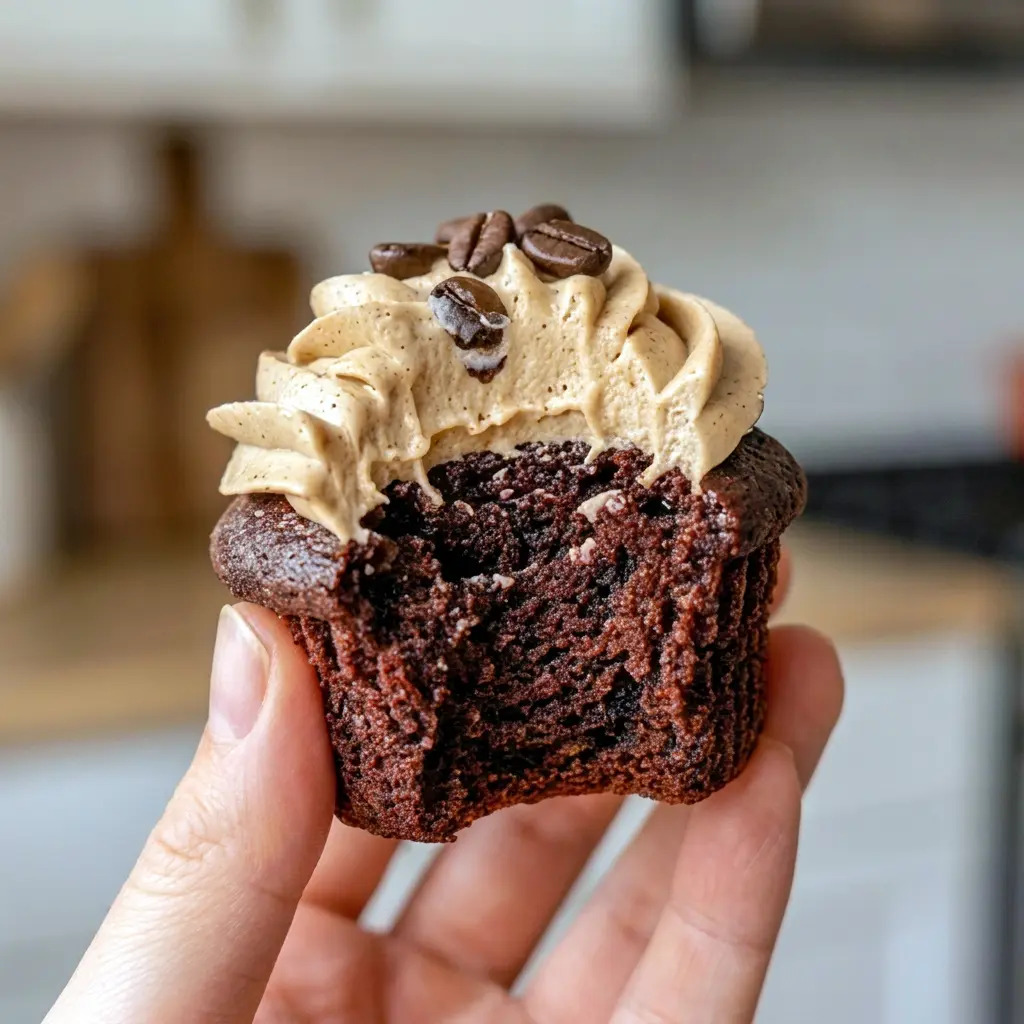 A bakery-style plate of Espresso Brownie Cupcakes with chocolate garnish, made for fans of Coffee Based Desserts.