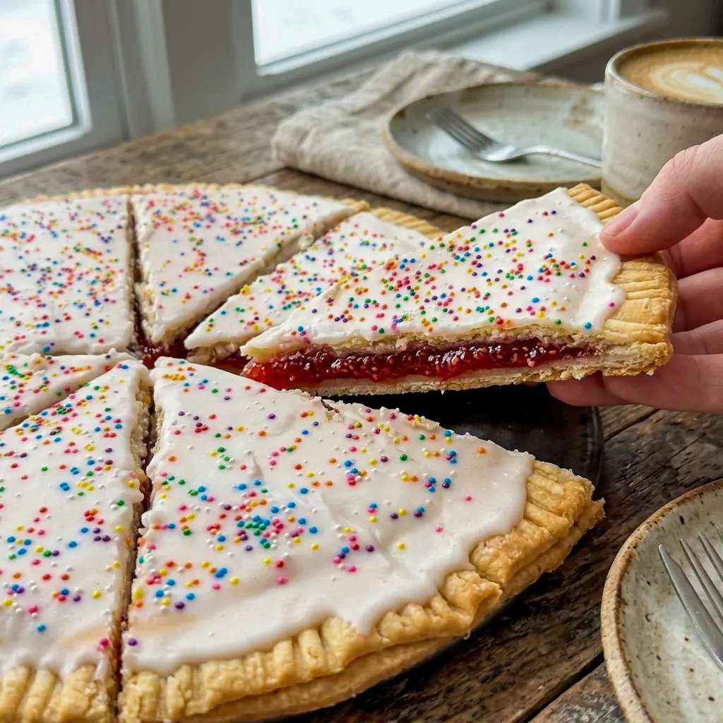 A golden Giant Pop Tart sliced on a plate for Dessert For Dinner Ideas and finished with a shiny glaze.