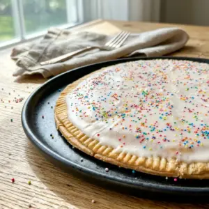 A flaky Giant Pop Tart served as one of the easiest Homemade Poptarts With Pie Crust, topped with sweet glaze and sprinkles.