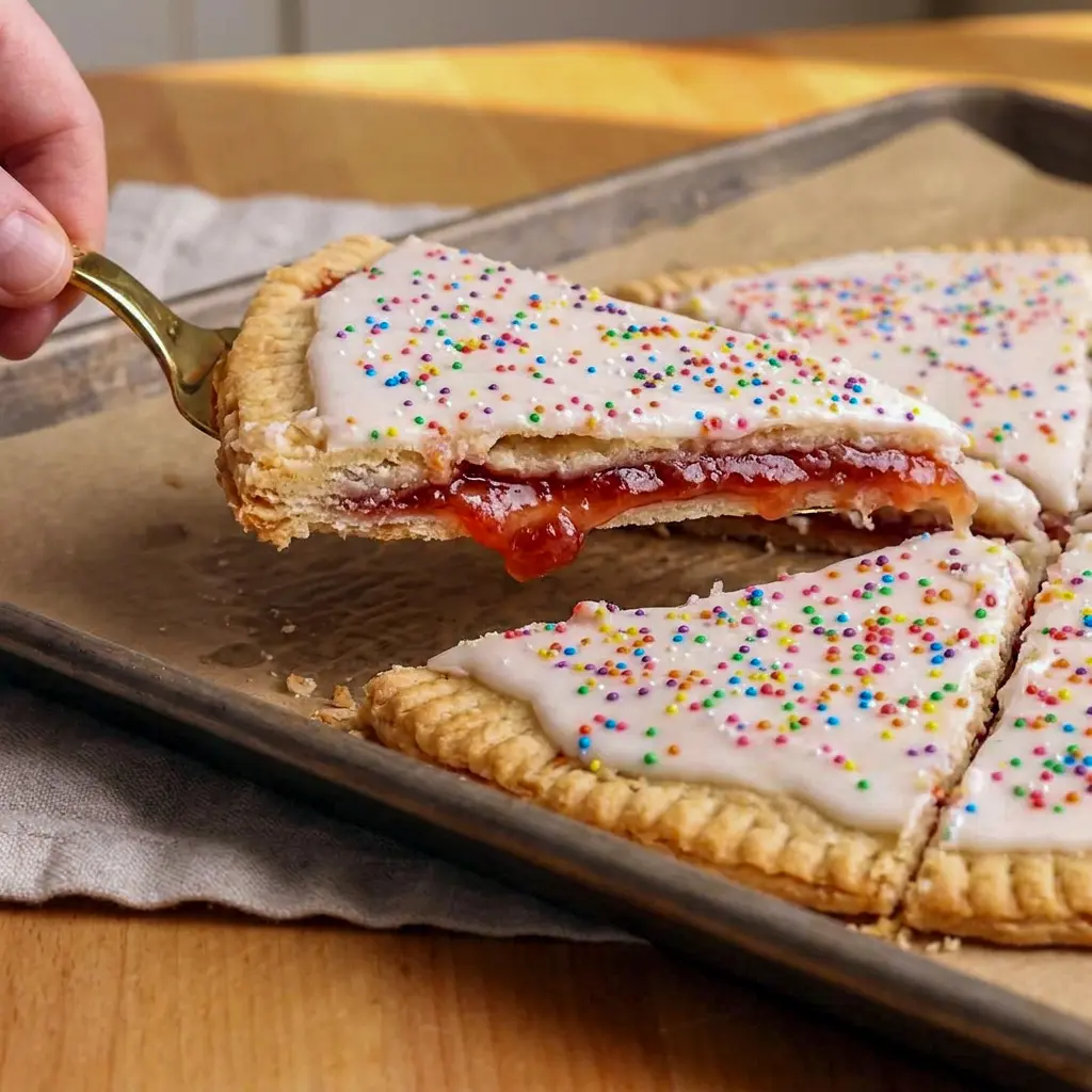 A baked Giant Pop Tart with colorful sprinkles, styled as an Easy Homemade Poptarts dessert for sharing.