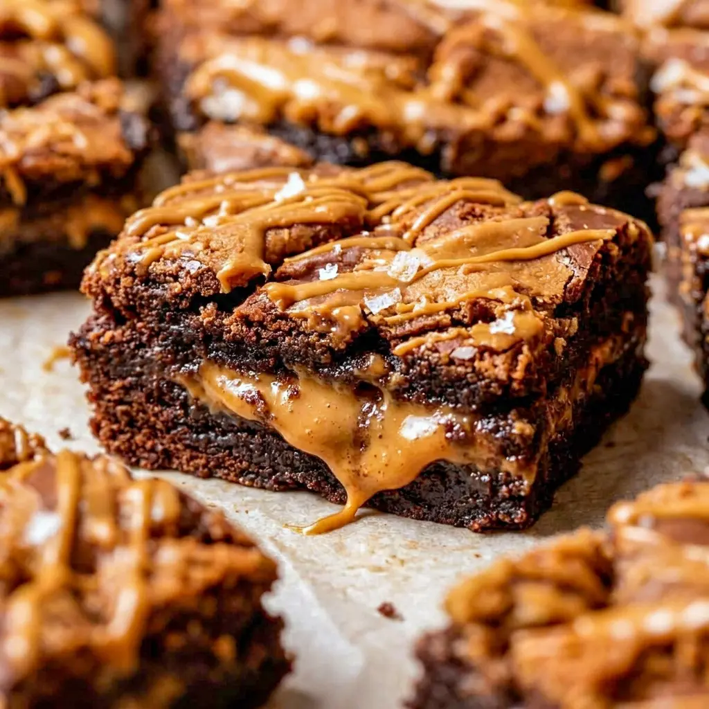 Biscoff Brownies served in neat squares with melted cookie butter drizzle for a dreamy Biscoff Brownies Recipe.