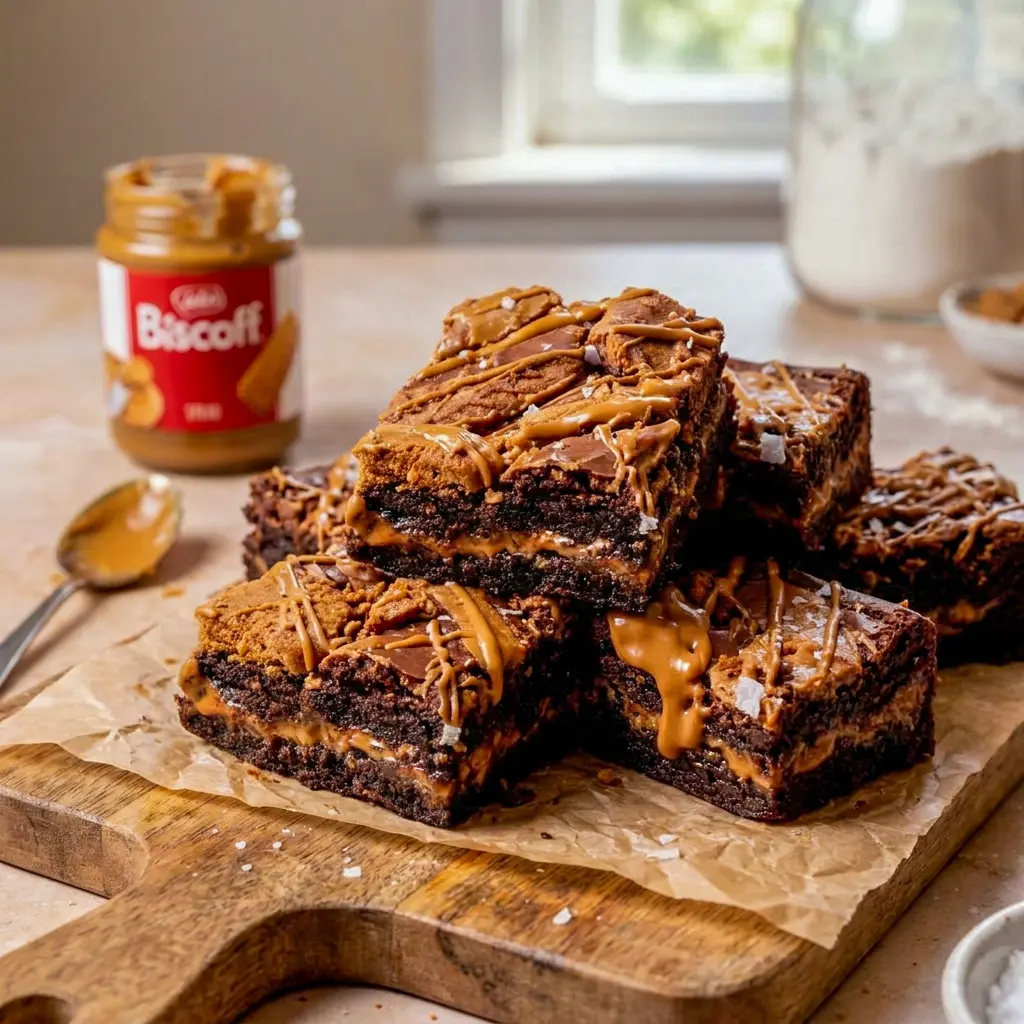 Biscoff Brownies fresh from the pan with a fudgy texture and spiced flavor for classic Cookie Butter Brownies.