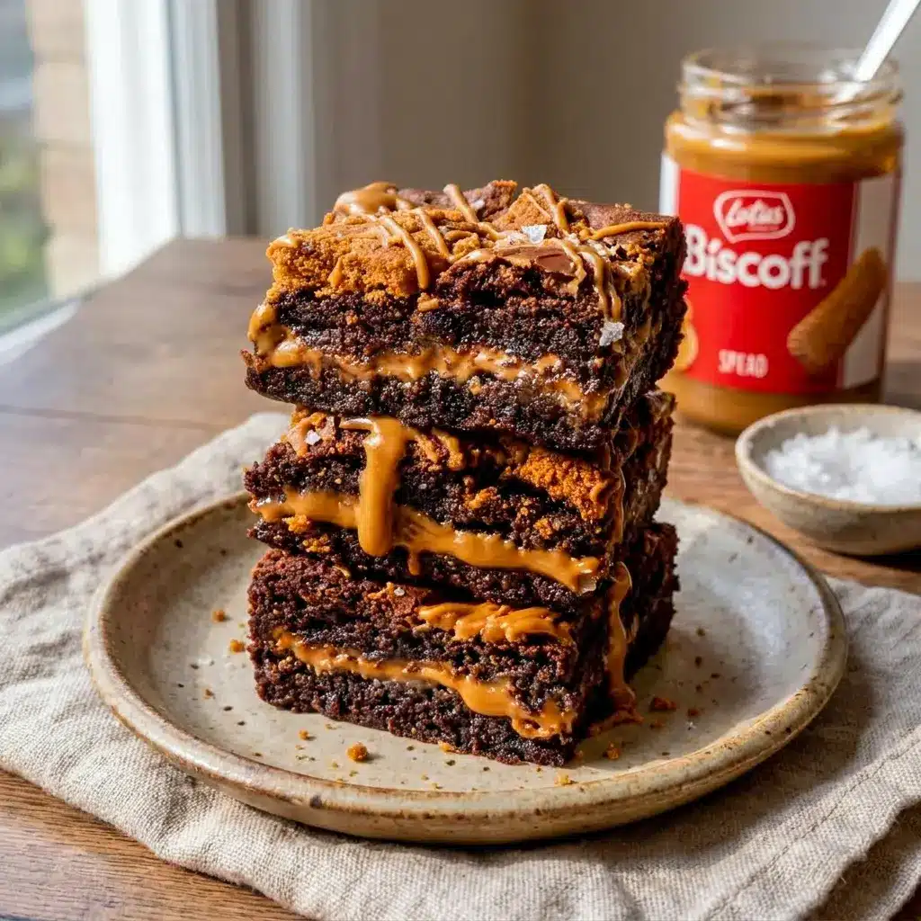 Biscoff Brownies topped with Biscoff cookie pieces and extra spread for a rich Biscoff Brownie Recipe treat.
