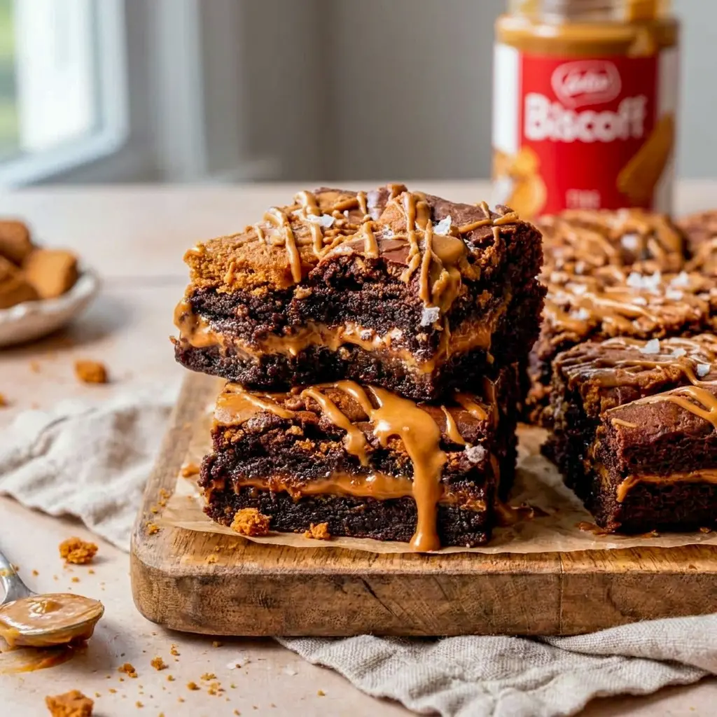 Biscoff Brownies with a gooey center and rich chocolate top for the perfect Biscoff Brownie Recipe.