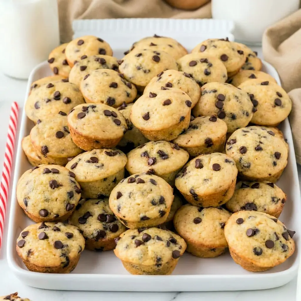 A close-up of Greek Yogurt Mini Muffins with melty chocolate chips for Greek Yogurt Chocolate Chip Muffins inspiration.