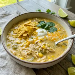 Cozy Green Chile Chicken Enchilada Soup makes an easy Healthy Meal Ideas Crockpot dinner with creamy broth and tender chicken.