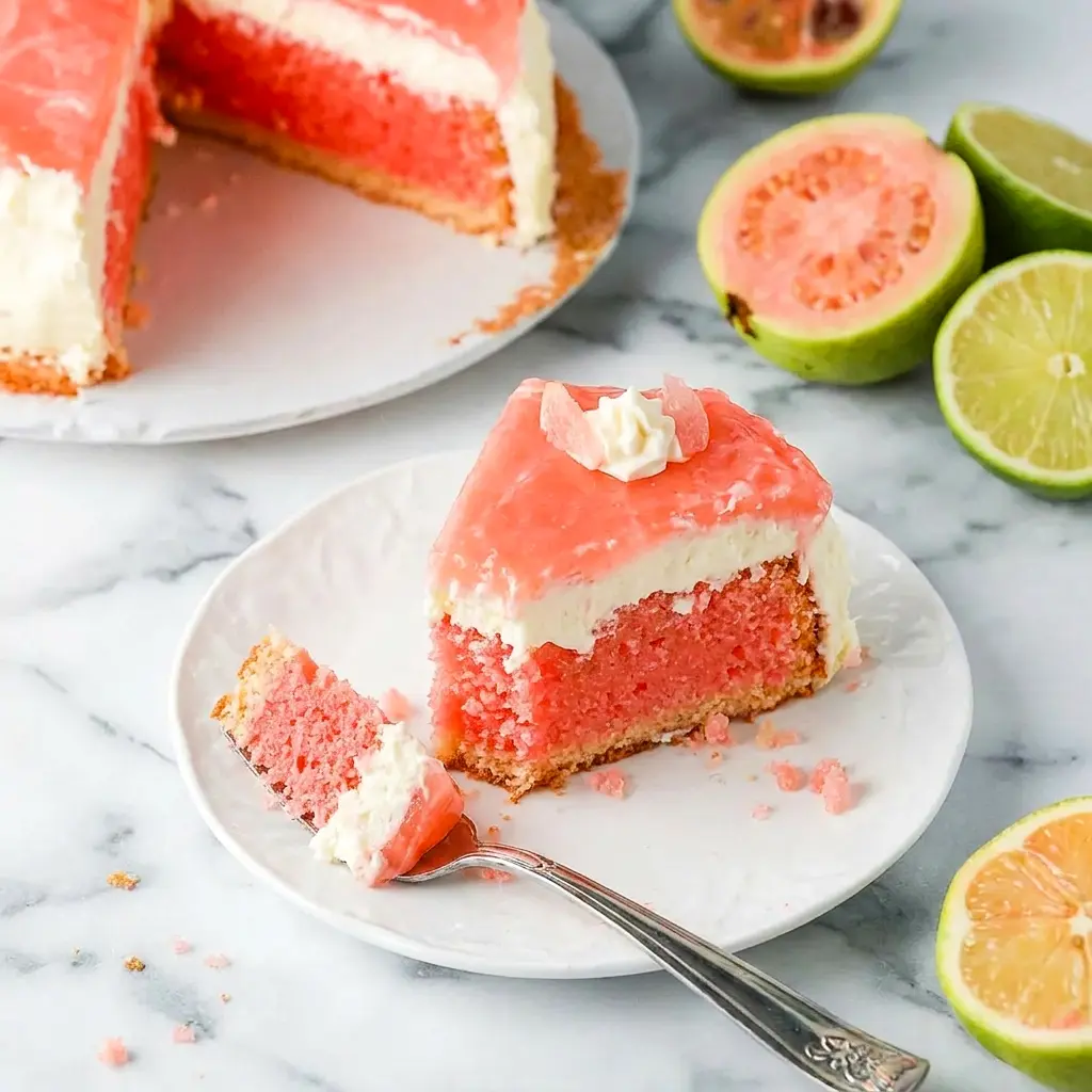A close-up of Hawaiian Guava Cake showing creamy filling and fruity topping, presented as a dreamy Coconut Guava Cake for party guests.