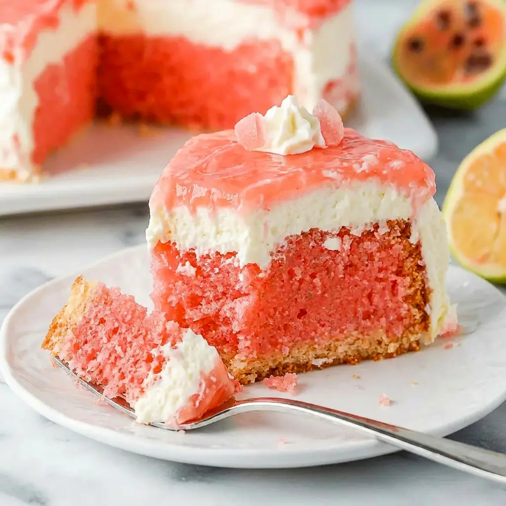 A chilled slice of Hawaiian Guava Cake on a serving plate, perfect for Refreshing Cake Recipes and warm-weather gatherings.