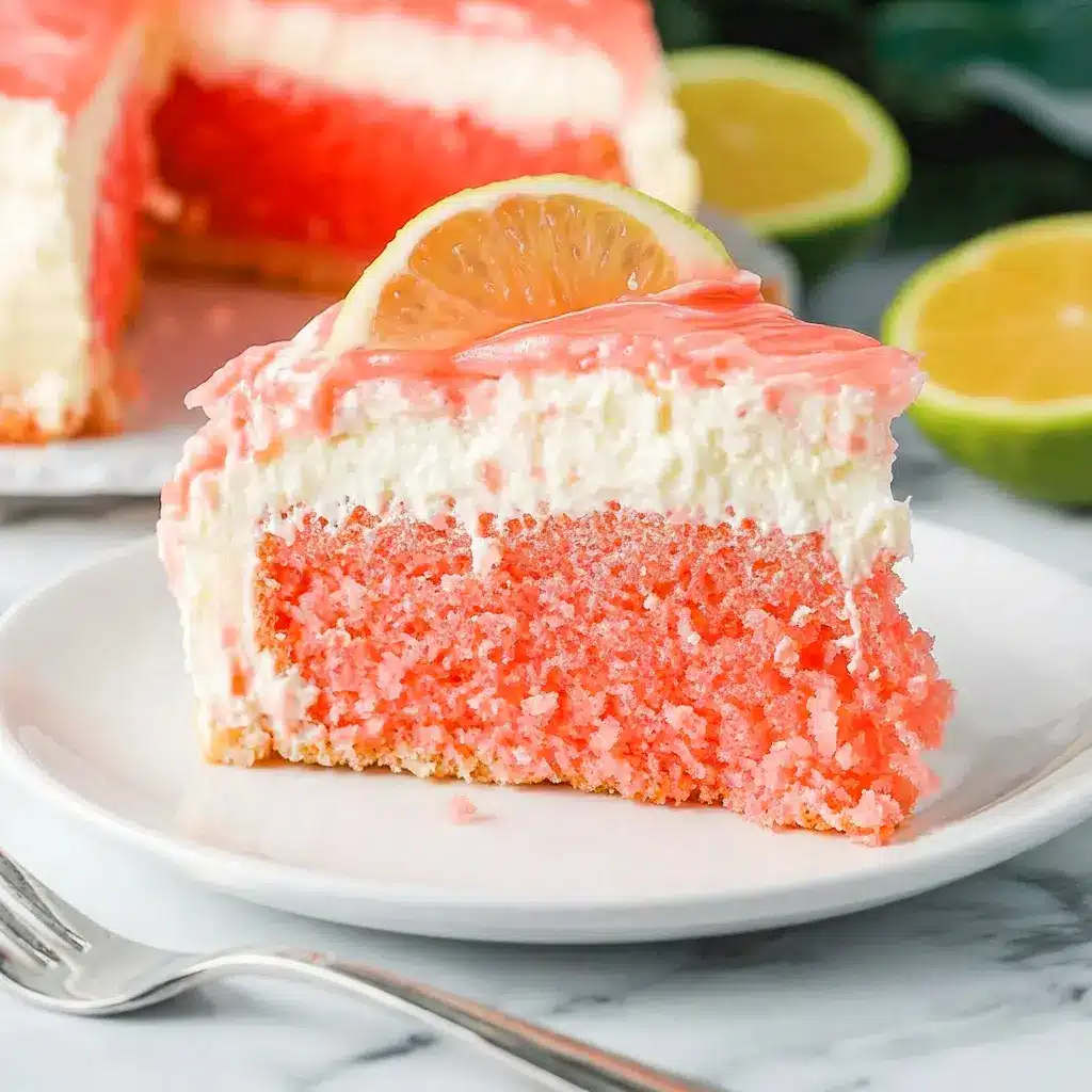 A slice of Hawaiian Guava Cake with glossy pink glaze and coconut cream cheese layers, styled as a tropical take on Brazil Cakes.