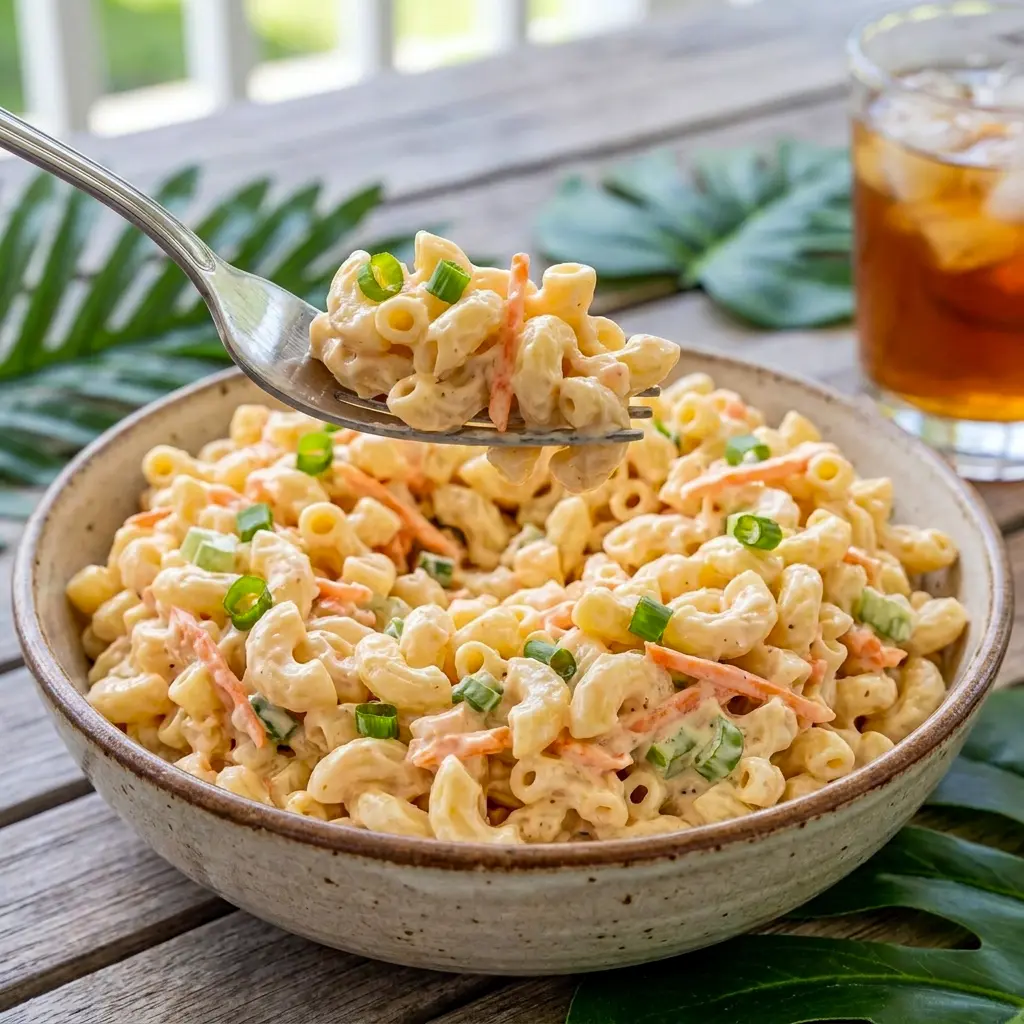 Hawaiian Macaroni Salad styled as a Finger Food Side Dish with tender pasta, crisp vegetables, and a chilled creamy finish.