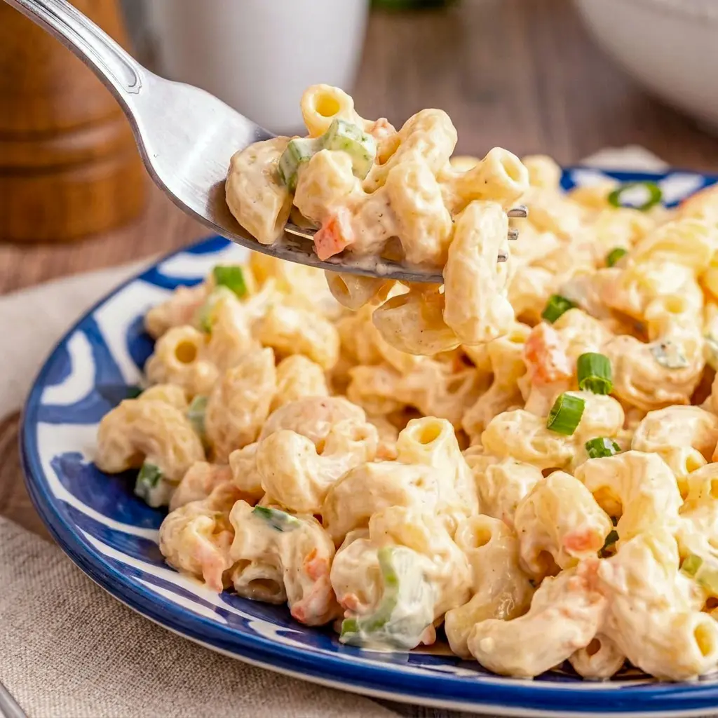 Hawaiian Macaroni Salad presented as one of the Easy Summer Side Dishes Cold with a creamy texture and fresh garnish.