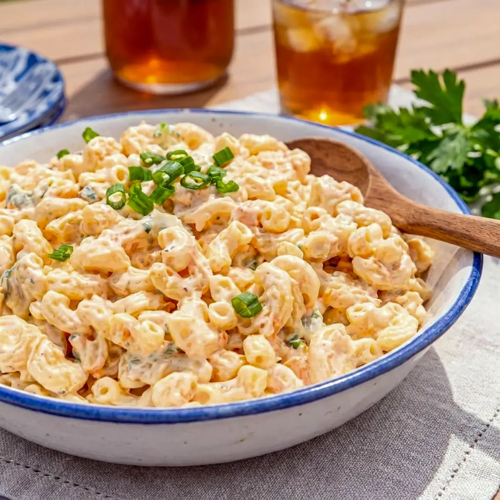 Hawaiian Macaroni Salad served in a creamy bowl as Easy Hawaiian Snacks for a sunny summer cookout table.