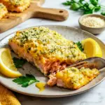 Honey Mustard Salmon with a golden Crispy Mustard Salmon coating, baked until flaky and topped with fresh herbs on a simple dinner plate.