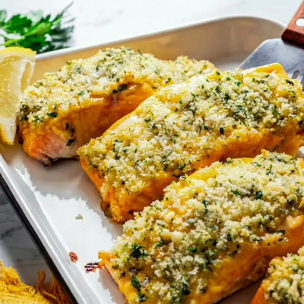 Honey Mustard Salmon finished with a crunchy Crusted Salmon With Honey Mustard Sauce layer, served hot with a crispy panko crust and bright side vegetables.