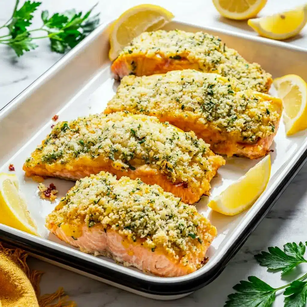 Honey Mustard Salmon in a pan of Crispy Mustard Crusted Salmon, showing a buttery breadcrumb topping and tender baked fish ready for serving.